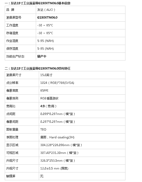 友达15寸G150XTN05.0停产信息和替代型号
